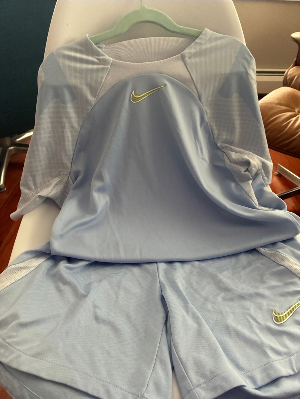 Nike Light Blue Active Top and Shorts with Lime Swoosh